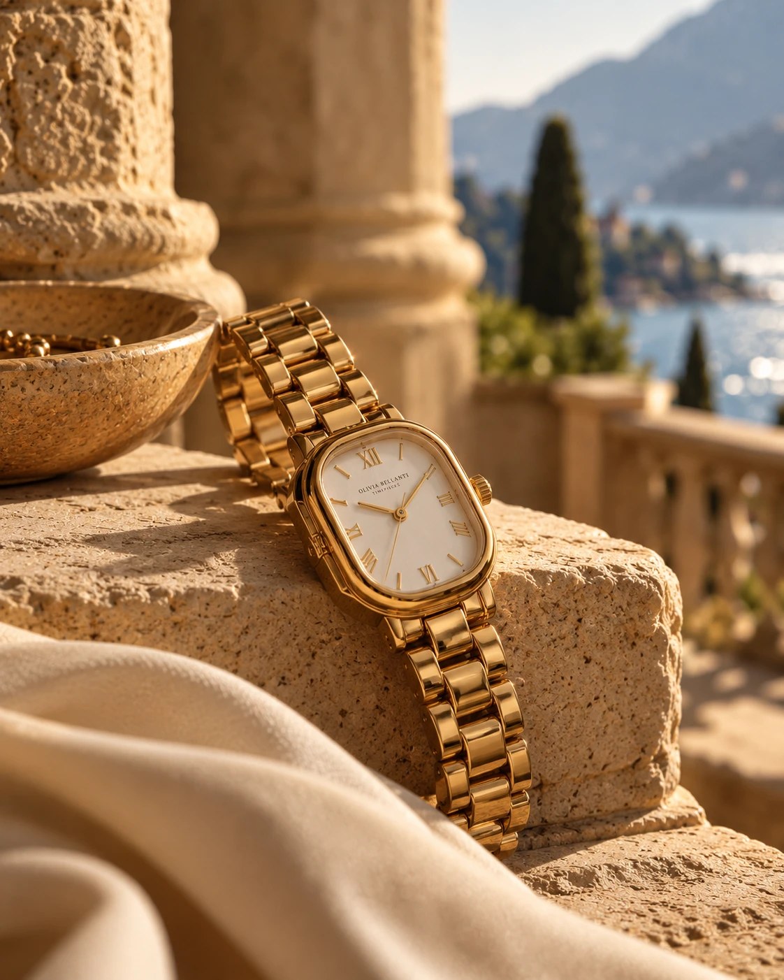Reloj dorado de esfera blanca sobre piedra